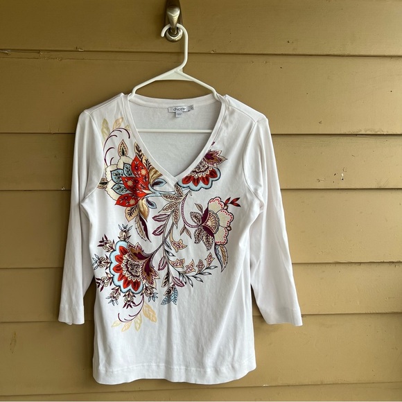 Chico's Floral Pima Everyday V-Neck Tee - Size M - Picture 2 of 10